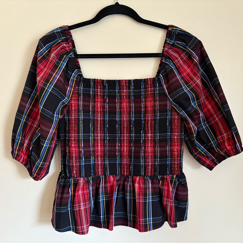Draper James Red and Black Smocked Peplum Top